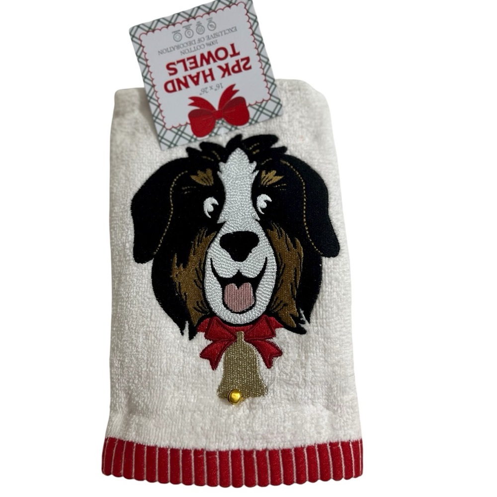 Set of 2 Festive Puppy Dog Appliqué Hand Towels Christmas